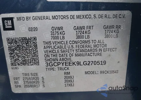 2020 Chevrolet Silverado 1500 4Wd Short Bed Rst z USA, uszkodzony, nr VIN 3GCPYEEK9LG270519